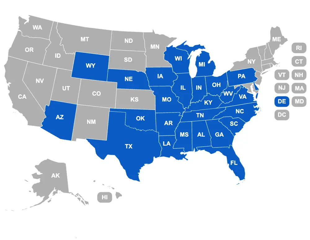 a color-block map of the 50 US states; the states Pancoast serves are lit up in blue (while other states remain grey). This is a visualization of information found just below the image on the page - see that copy for the states that Pancoast operates in.