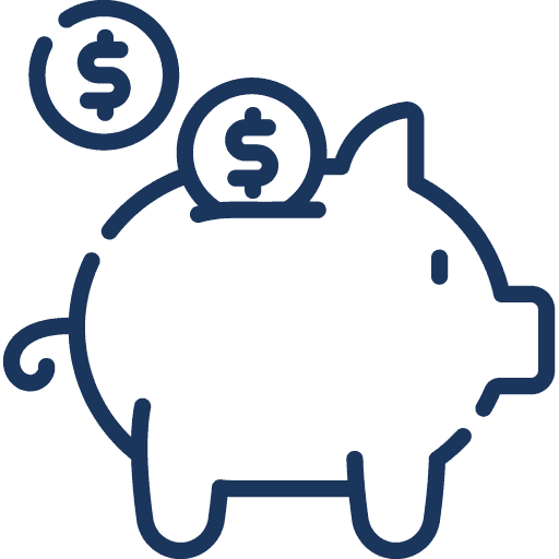 Line drawing of a piggy bank with a coin being inserted, symbolizing saving money or financial savings. Another coin with a dollar sign hovers above the piggy bank.