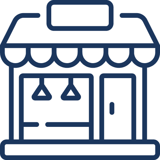 Line drawing of a small storefront with a striped awning, large display window with items hanging inside, a door, and a blank sign above the entrance.