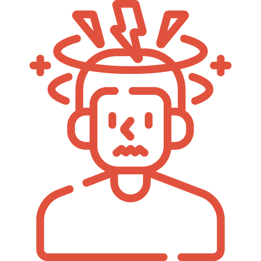 Red line drawing of a person with a worried expression, zigzag lines above their head, and circular motion lines, indicating a headache or dizziness.