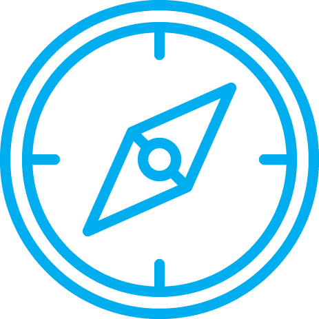 A blue outline icon of a compass with a circular border and a four-pointed compass needle in the center, shown on a transparent background.