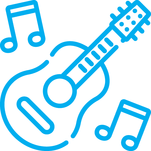 Blue line drawing of an acoustic guitar surrounded by three musical notes, all on a transparent background.