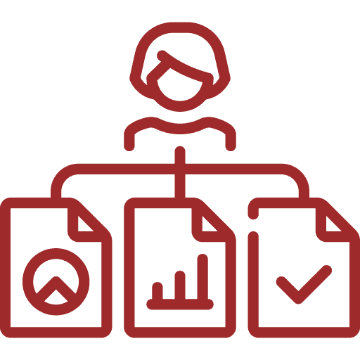 A red outline icon of a person above three documents: one with a pie chart, one with a bar chart, and one with a check mark, representing data analysis or report management.