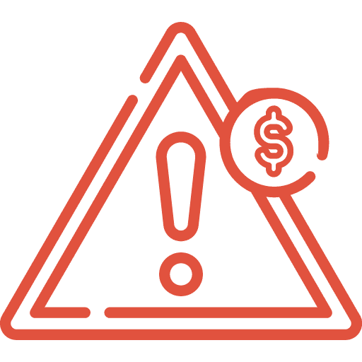 Red outline of a warning triangle with an exclamation mark inside and a dollar sign in a circle at the top right, symbolizing financial risk or caution about money.