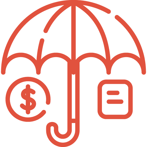 Red line art of an umbrella covering a dollar sign and a square with an equals sign, representing financial protection or insurance.