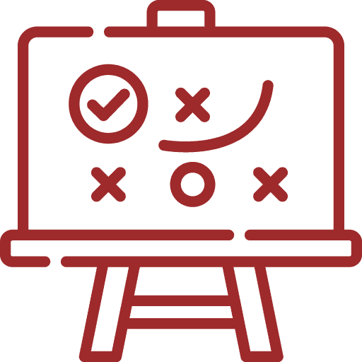 A red line drawing of an easel with a board showing a strategy plan, featuring Xs, Os, a check mark, and a curved line indicating movement.