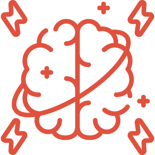 Red line art illustration of a brain with sparks and plus signs around it, representing creativity, intelligence, or brainstorming.