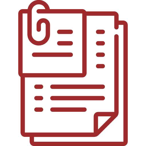 Red outline icon of two overlapping documents, one with a folded corner and a large paperclip attached on the top left. The pages have horizontal lines representing text.