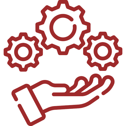 Outline of a hand held upward, supporting three interconnected gears above it, symbolizing management, support, or process improvement. The image is in a dark red color on a transparent background.