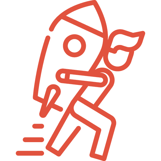 Red line drawing of a person carrying a rocket on their back, with lines behind them suggesting fast movement or speed.