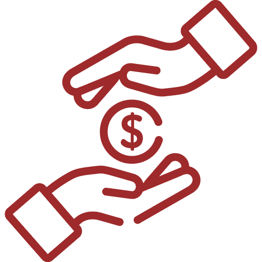 Red outline icon of two hands, one above and one below, surrounding a dollar sign symbol, representing financial support, giving, or receiving money.
