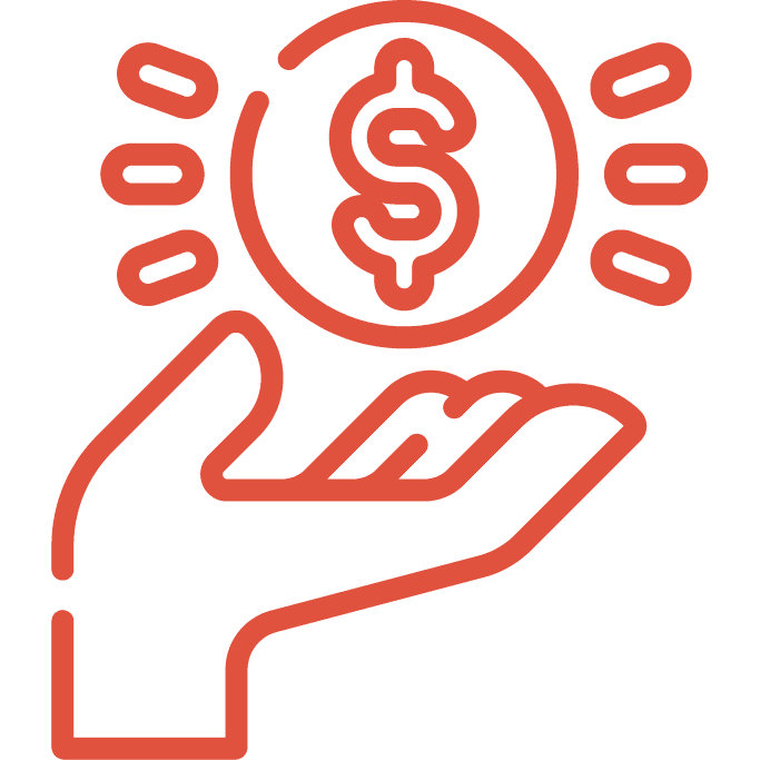 Red line drawing of an open hand holding a coin with a dollar sign, surrounded by rays, symbolizing receiving or giving money.