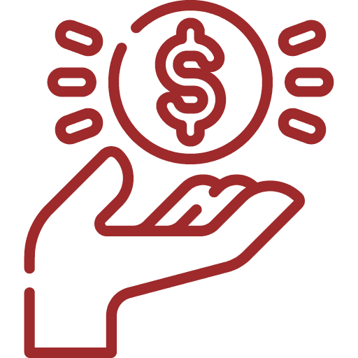 Red line drawing of an open hand holding a coin with a dollar sign, surrounded by rays, symbolizing receiving or giving money.