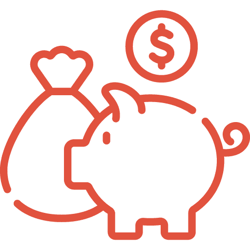 Red line drawing of a piggy bank with a coin above it and a money bag next to it, symbolizing saving money or financial savings.