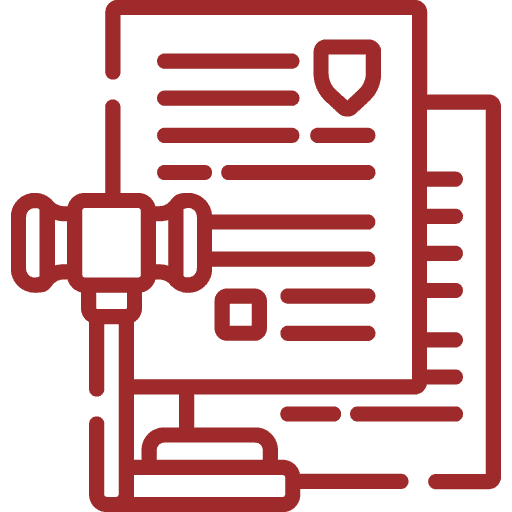 Red line art icon showing a judges gavel in front of legal documents, one featuring a shield symbol, representing law, justice, or legal agreements.