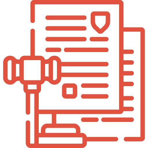 Red icon showing a gavel in front of two legal documents, one with a shield symbol, representing law, legal decisions, or judicial matters on a transparent background.
