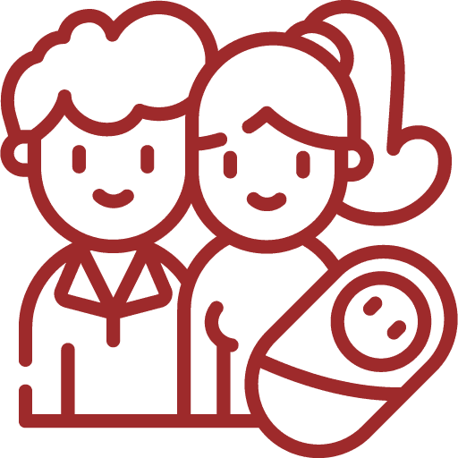 Simple line drawing of two adults smiling, one with short hair and one with long hair in a ponytail, standing close together and holding a swaddled baby.