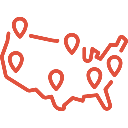 A simple red outline of the United States with seven location markers placed across the map, indicating various locations or points of interest.