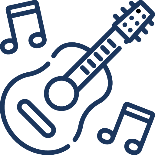 A simple line drawing of an acoustic guitar surrounded by three musical notes, suggesting music or playing guitar.