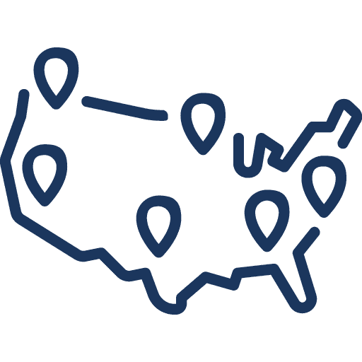 A simple outline of the United States map with six location pins marking different spots across the country.