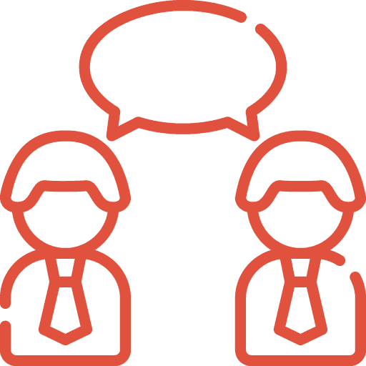 Red line drawing of two people wearing ties, facing each other, with a large speech bubble above them, indicating conversation or communication.