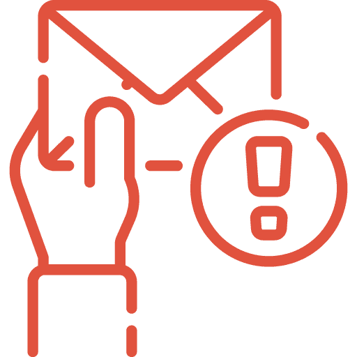 Red outline icon of a hand holding an envelope with an arrow, next to a large exclamation mark inside a circle, suggesting an important or urgent message or alert.
