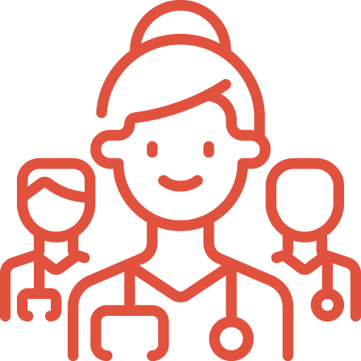 Line drawing of three medical professionals, with a female doctor in front and two male doctors behind her. All are wearing stethoscopes and medical attire, depicted in a simple red outline style.