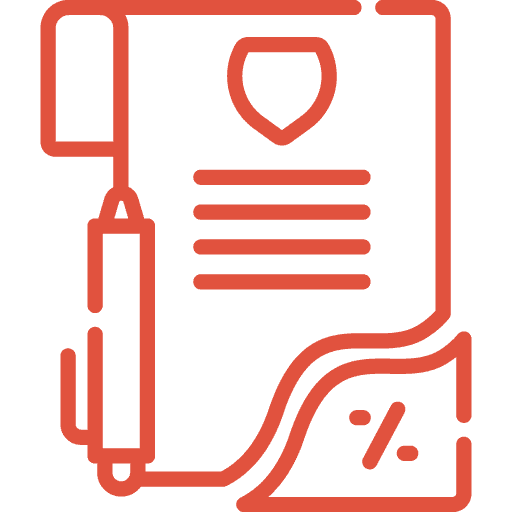 Red line icon of a document with a shield symbol, horizontal lines, a pen on the left side, and a percentage sign at the bottom right corner.