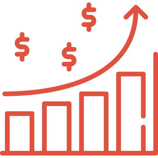 A red bar graph with five ascending bars, a rising arrow above them, and dollar signs, representing financial growth or increasing profits.
