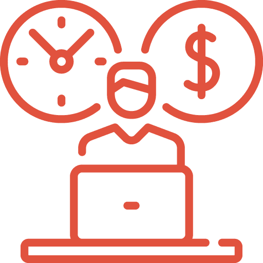 A red line drawing of a person working on a laptop, with a clock on the left and a dollar sign on the right, symbolizing time and money management.