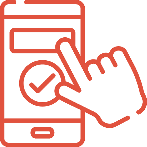 Red outline icon of a hand tapping a check mark on a smartphone screen, symbolizing mobile approval or confirmation.