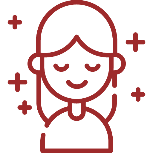 A simple red line drawing of a smiling person with closed eyes and long hair, surrounded by small star-like symbols, representing calmness or relaxation.