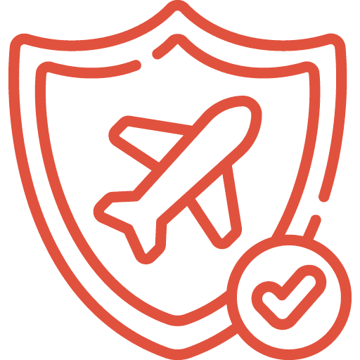 Red outline icon of an airplane inside a shield with a check mark in a circle at the bottom right, symbolizing travel insurance or secure travel.